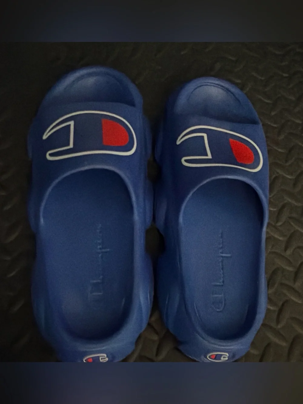 Champion Blue Kids Slide Sandals with Red Logo Accent